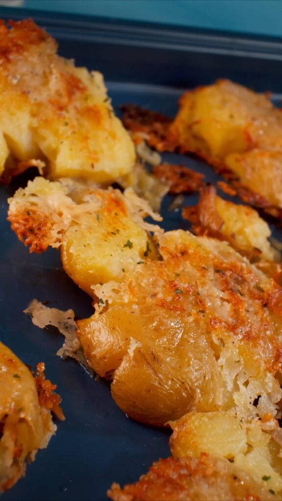 crispy roasted potatoes on baking tray