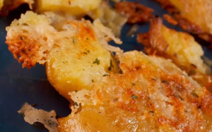 crispy roasted potatoes on baking tray