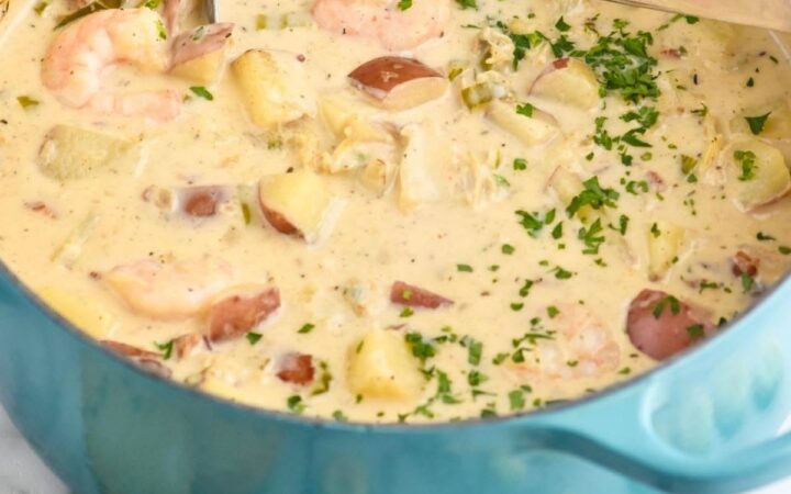 creamy seafood chowder in pot